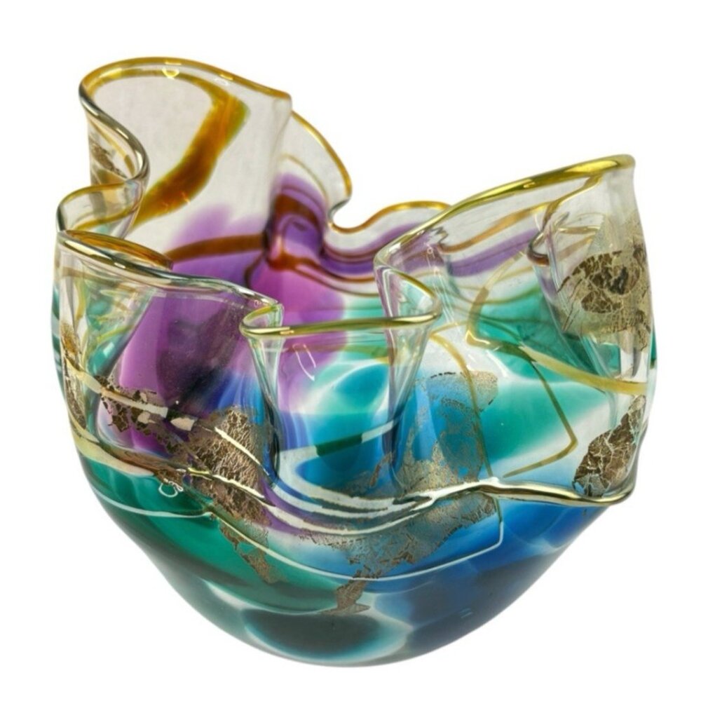 *Laura Curry Blown Art Glass Bowl Teal Purple Gold Ruffle Ribbon Seattle Signed